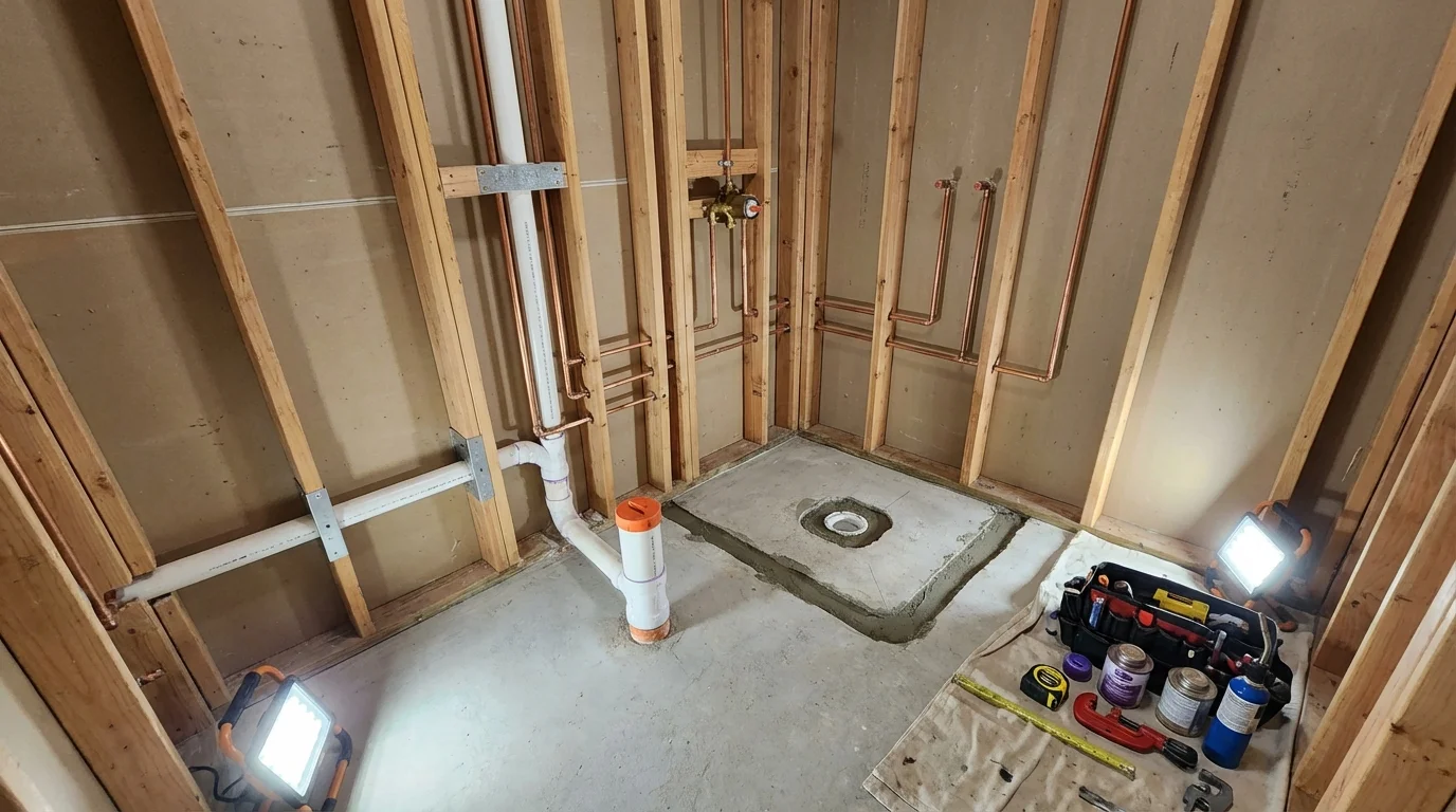 Bathroom rough-in plumbing during remodel by Johns Plumbing LLC in Rego Park