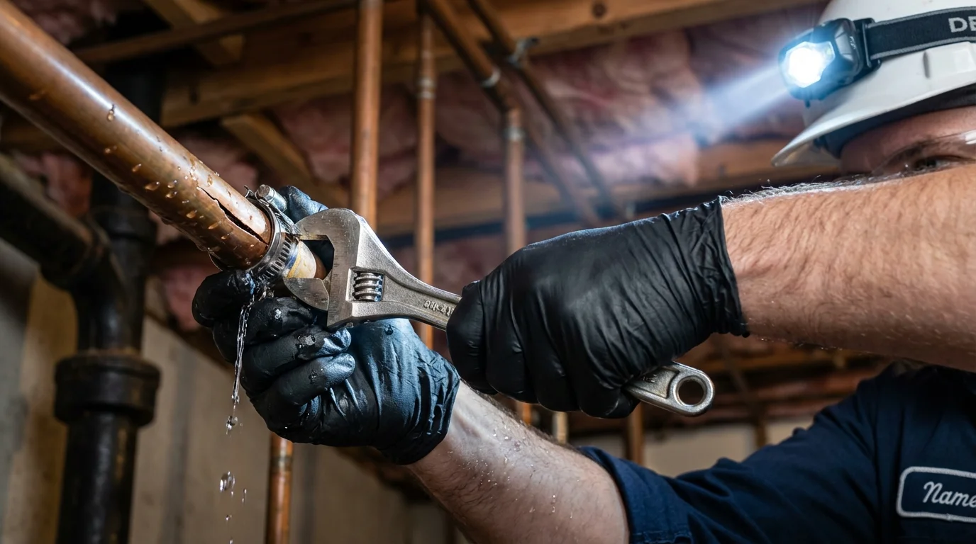 Emergency pipe clamp repair being performed by a Johns Plumbing LLC plumber in Rego Park