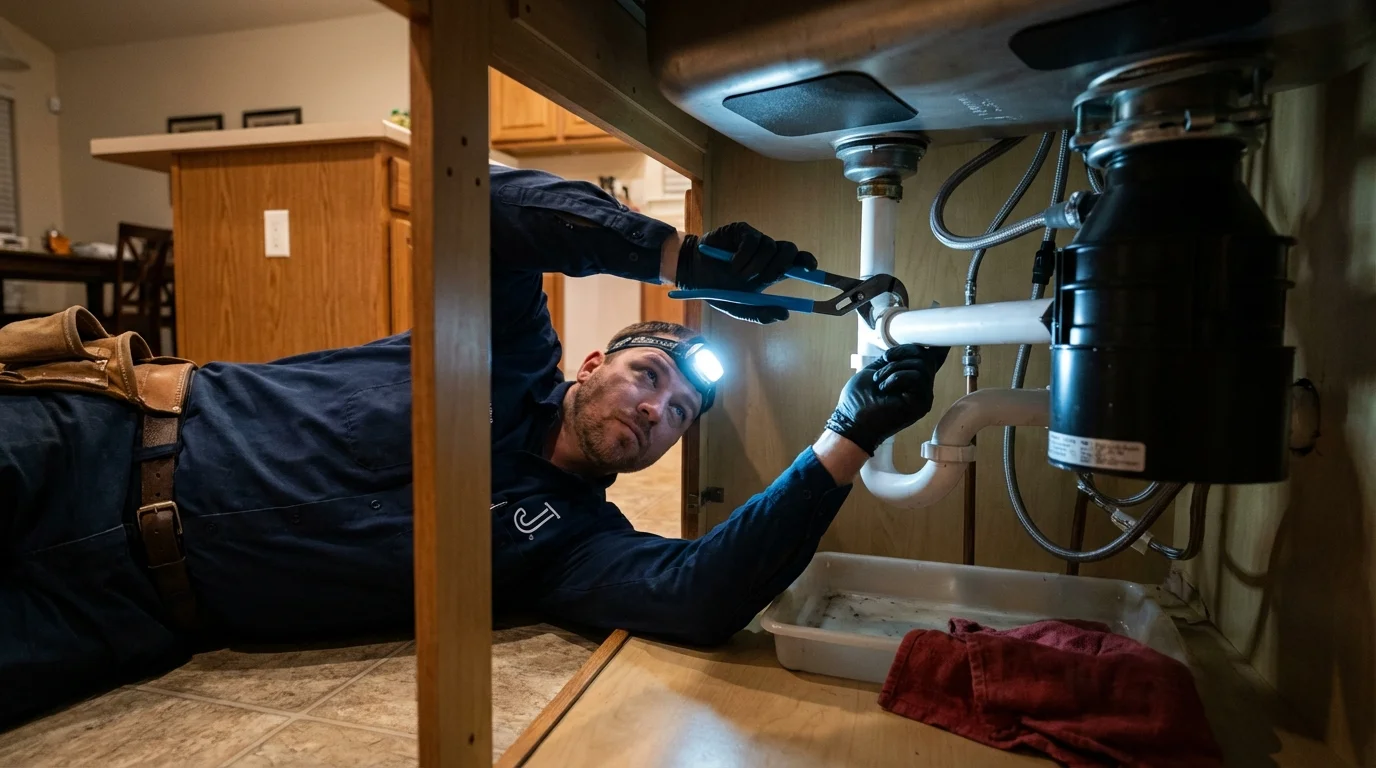 P-trap and supply line connections under a kitchen sink showing a common leak point in Rego Park, NY